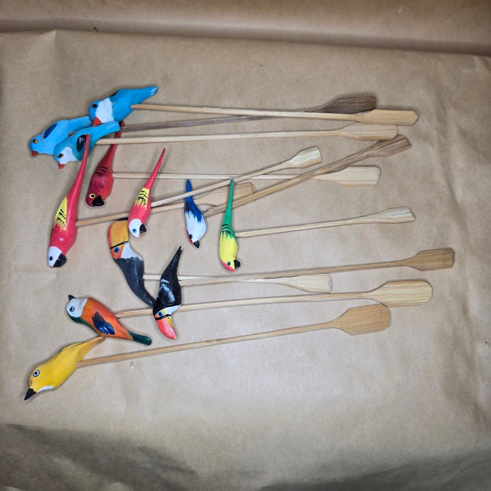 Vintage Hand Carved Wooden Bird Cocktail Drink Stirrers Set of 12 Barware